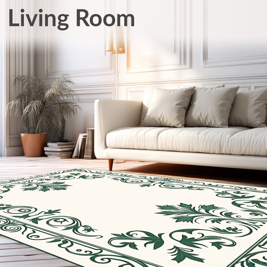 Emerald Green Floral Scroll Border Rug
