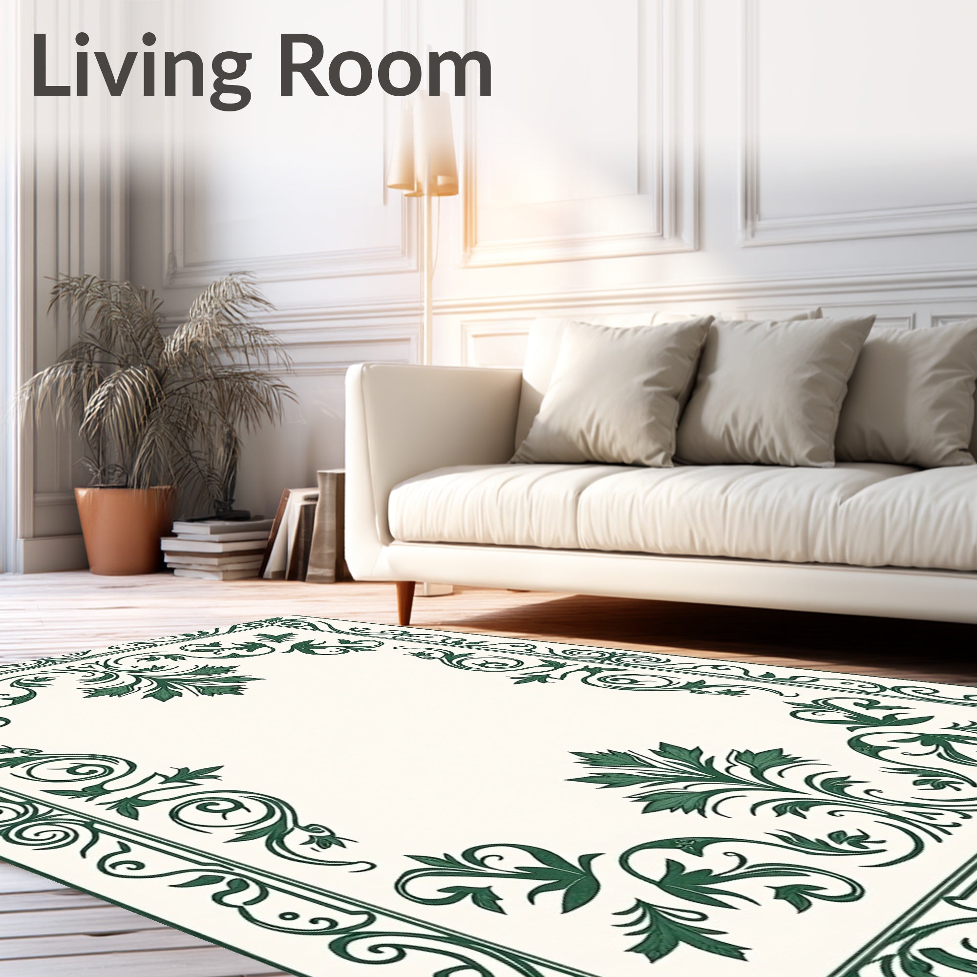 Emerald Green Floral Scroll Border Rug