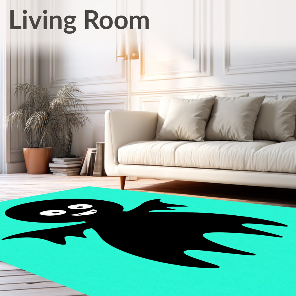 Cute Black Ghost Teal Background Rug