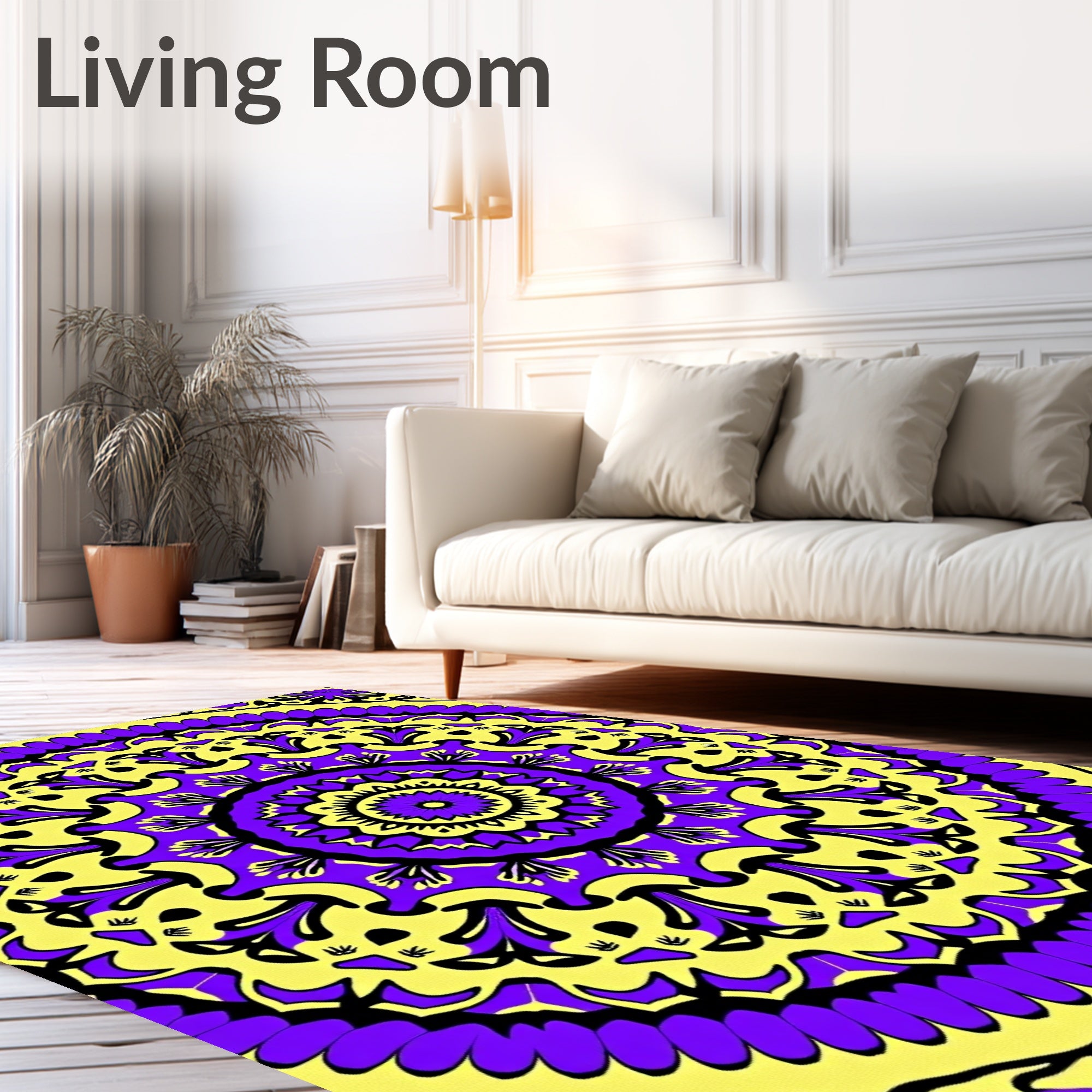 Vibrant Yellow Purple Mandala Bloom Rug