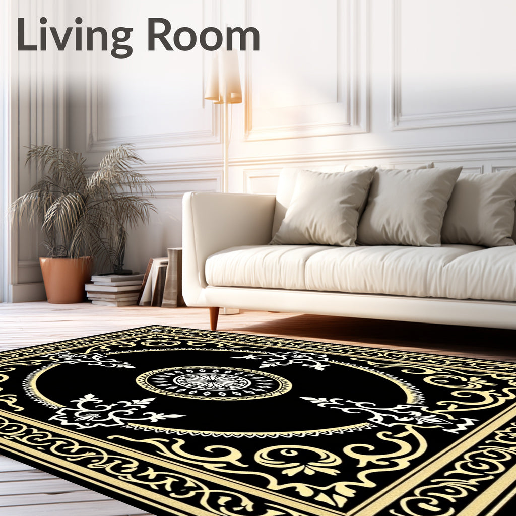 Black Gold Floral Medallion Square Rug