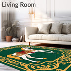 Elegant White Horse Golden Scroll Border Rug