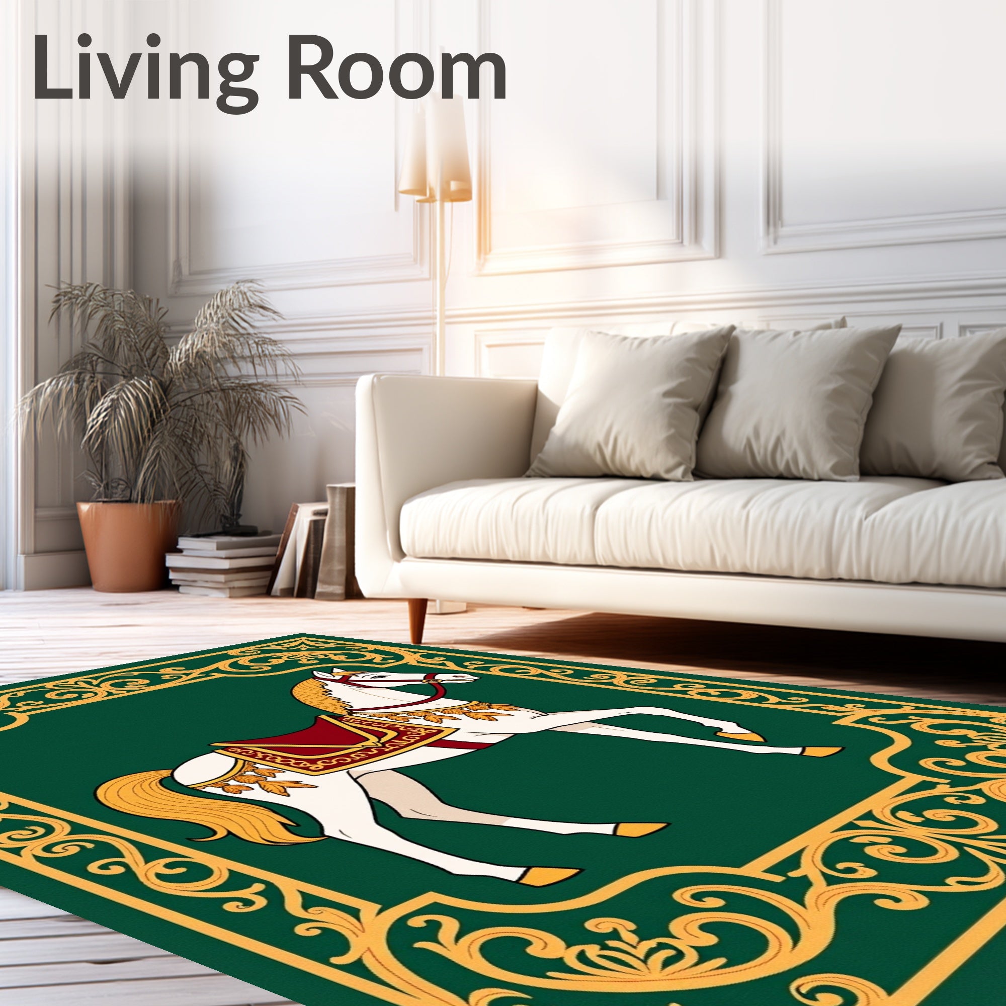 Elegant White Horse Golden Scroll Border Rug