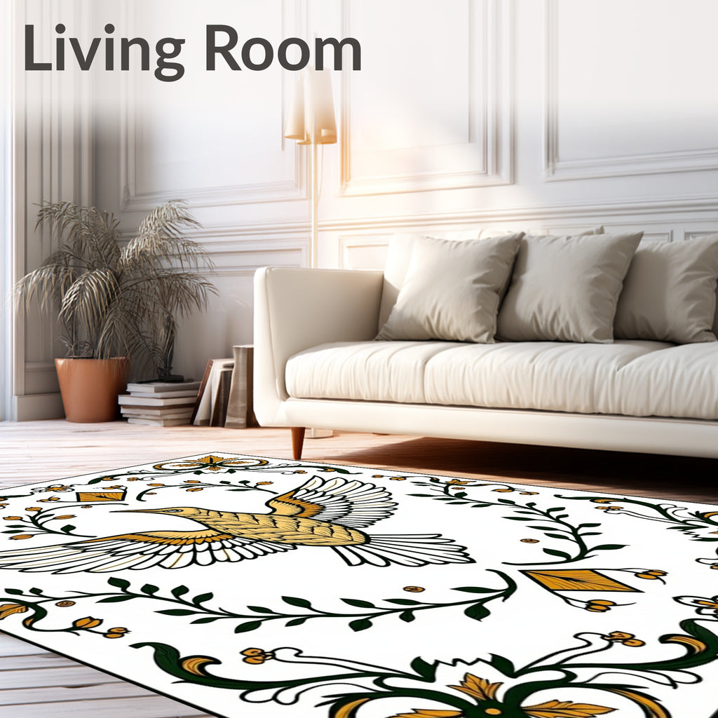 Golden Bird and Greenery Border Rug