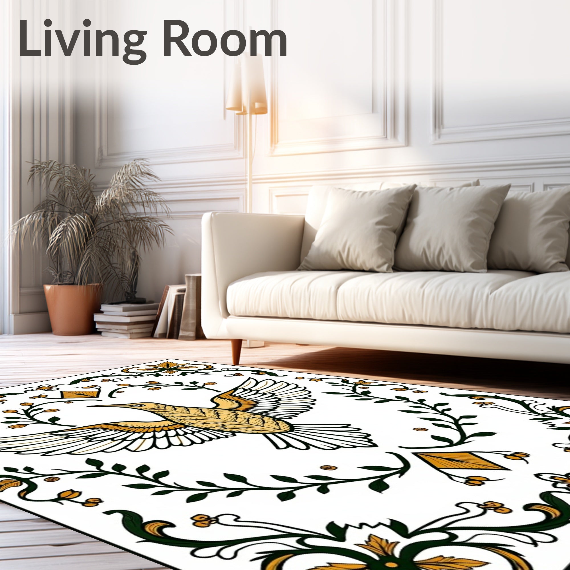 Golden Bird and Greenery Border Rug