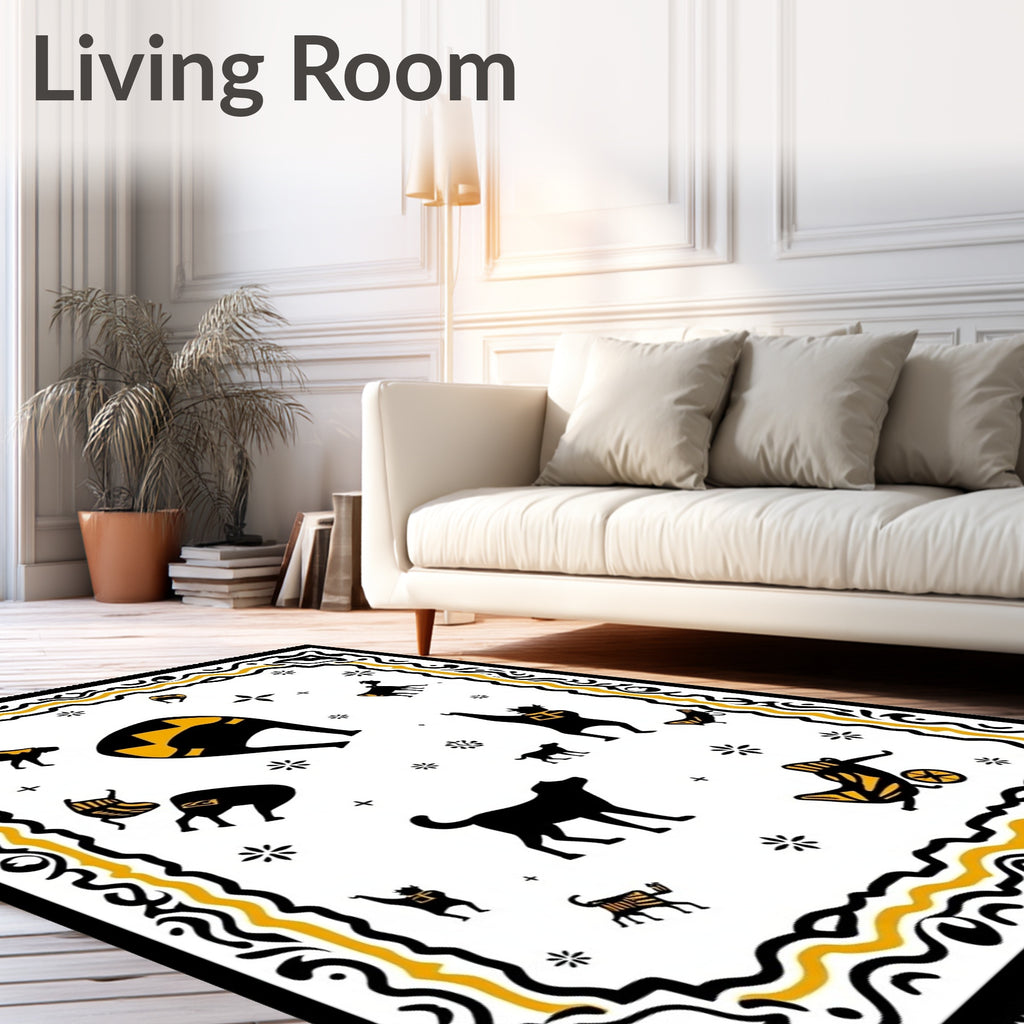 Whimsical Black Yellow Animal Caravan Scene Rug