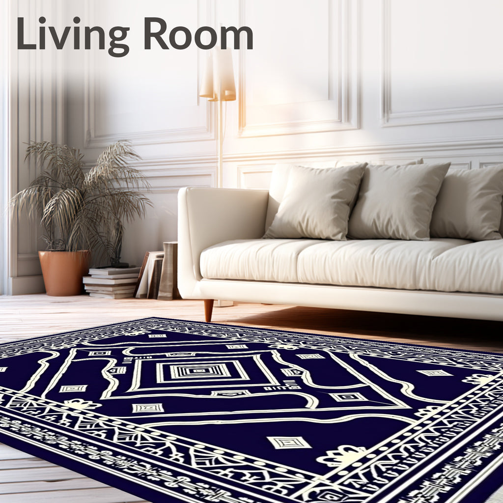 Deep Navy Ivory Geometric Diamond Medallion Rug
