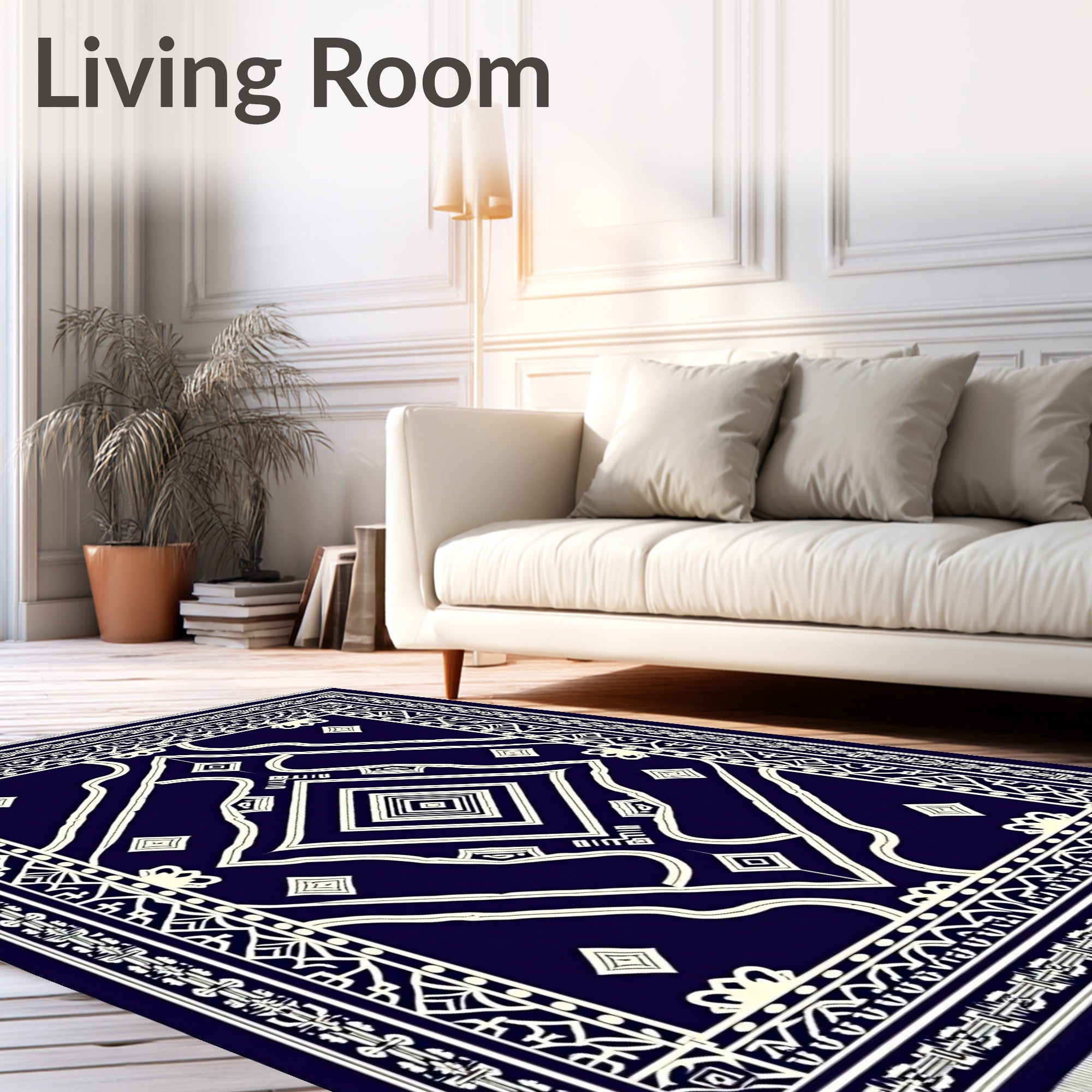Deep Navy Ivory Geometric Diamond Medallion Rug