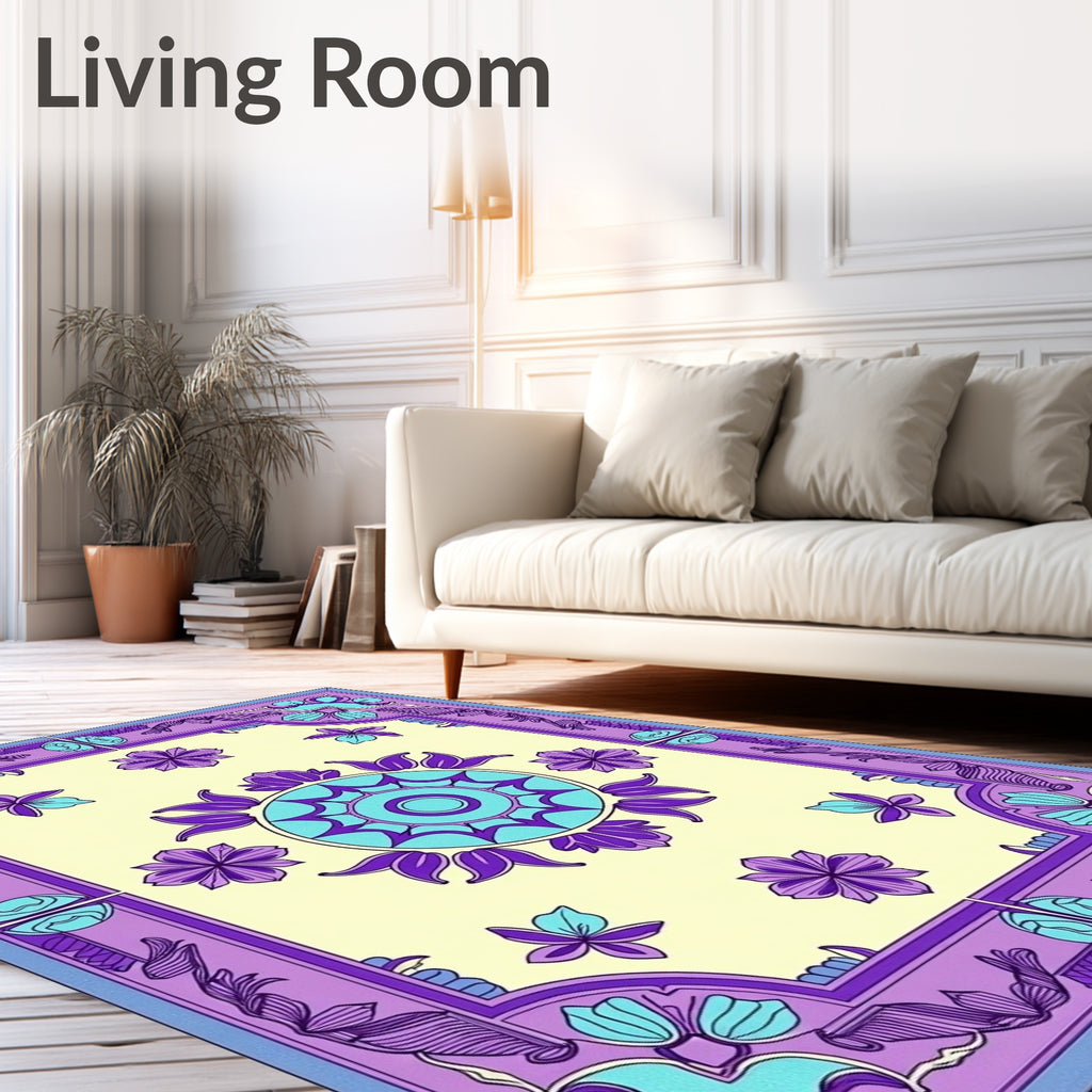 Purple Teal Floral Medallion Border Rug