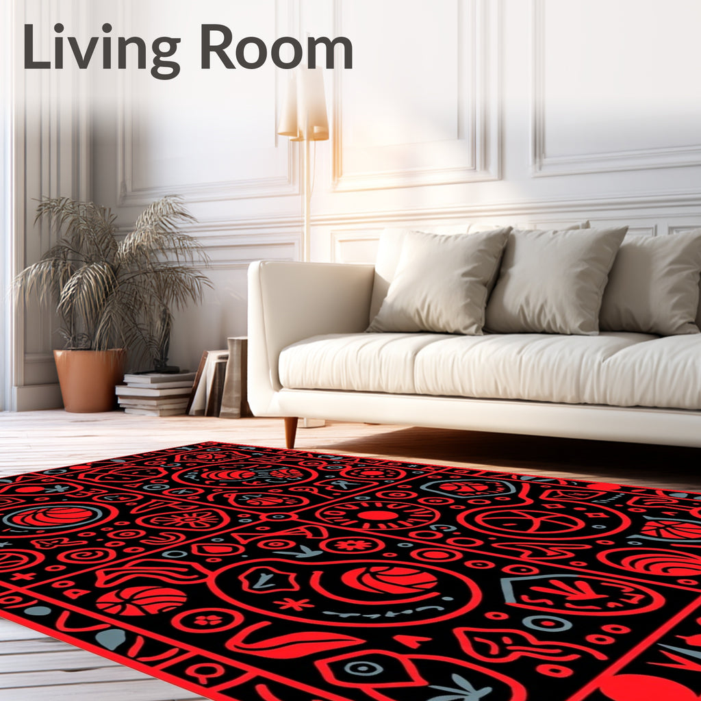 Bright Red Graphic Folk Art Rug