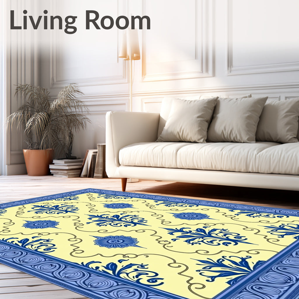 Blue Floral Damask Yellow Border Rug