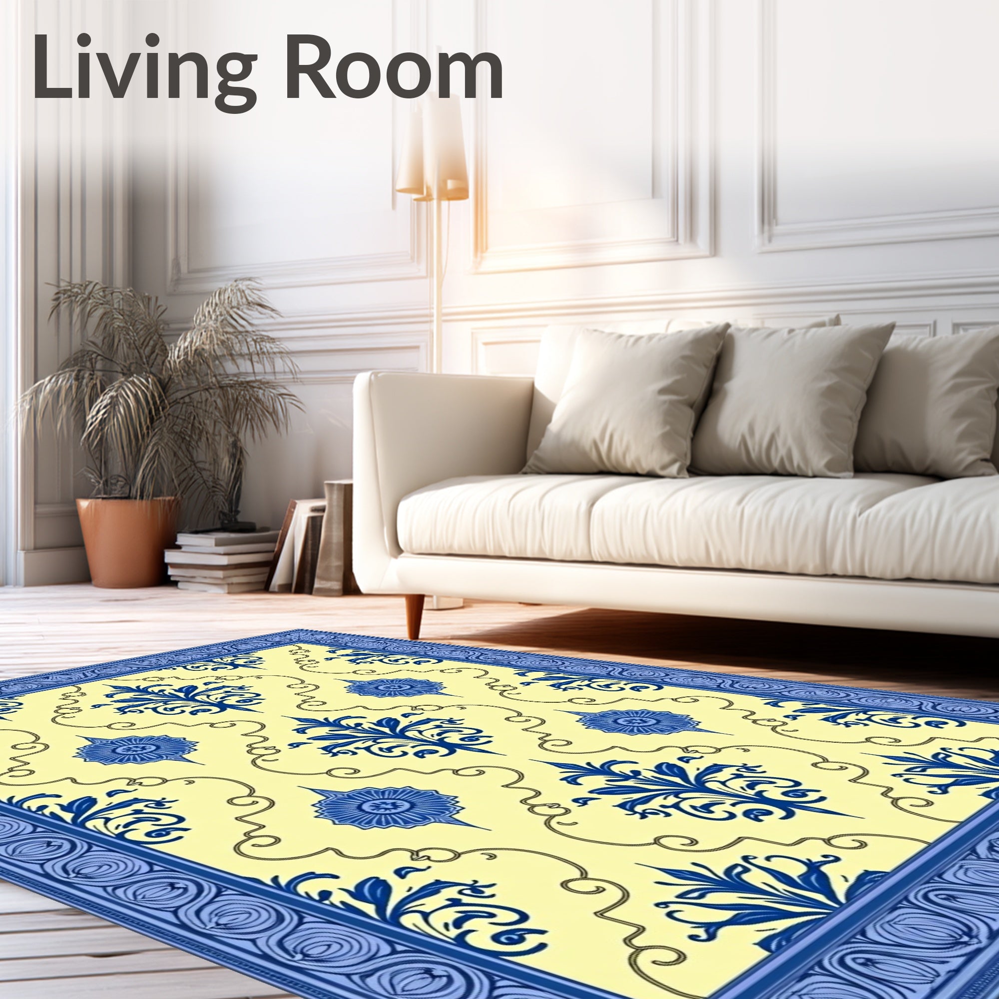 Blue Floral Damask Yellow Border Rug