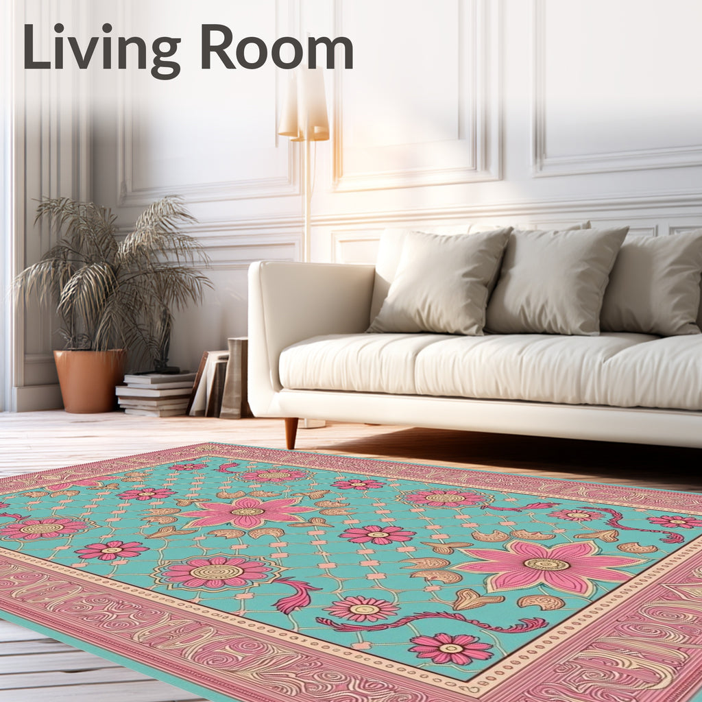 Vintage Teal Pink Floral Mandala Rug