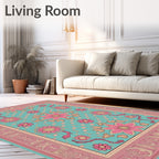 Vintage Teal Pink Floral Mandala Rug
