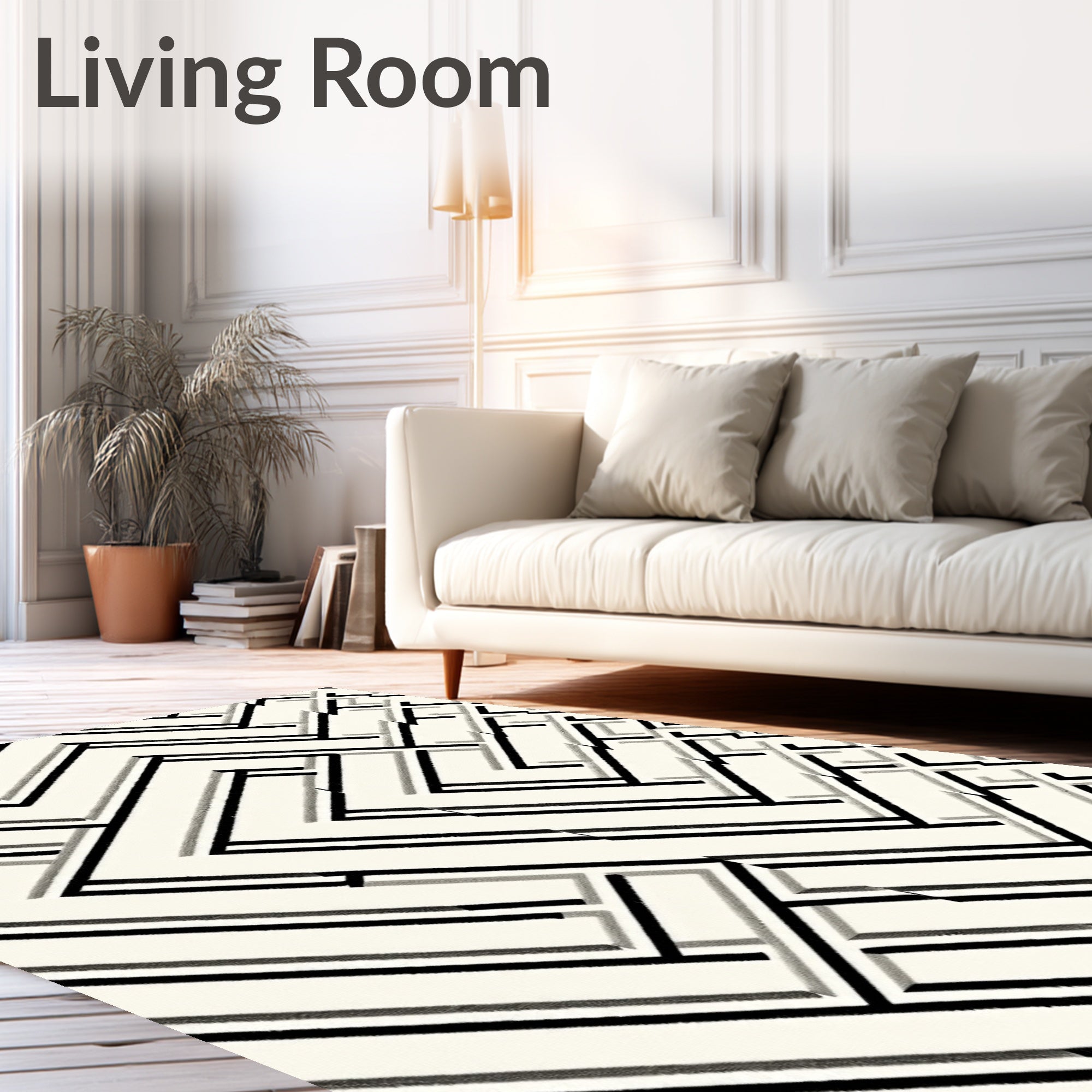 Cream Linear Geometric Interlocking Rug