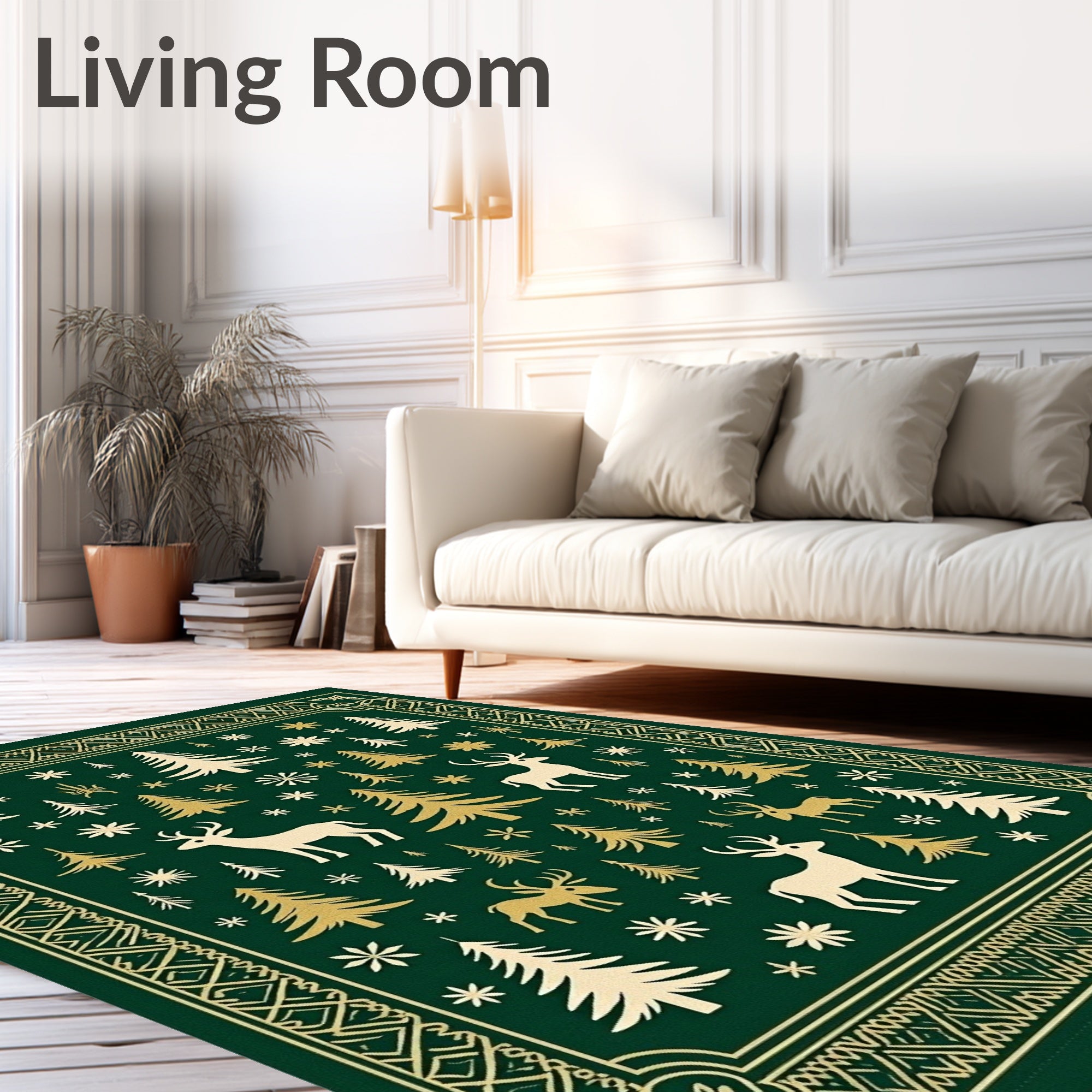 Forest Deer Evergreen Trees Snowflakes Rug
