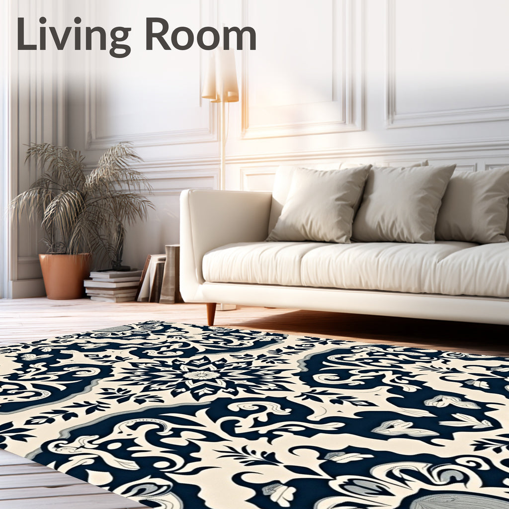 Cream Indigo Floral Medallion Ornament Rug