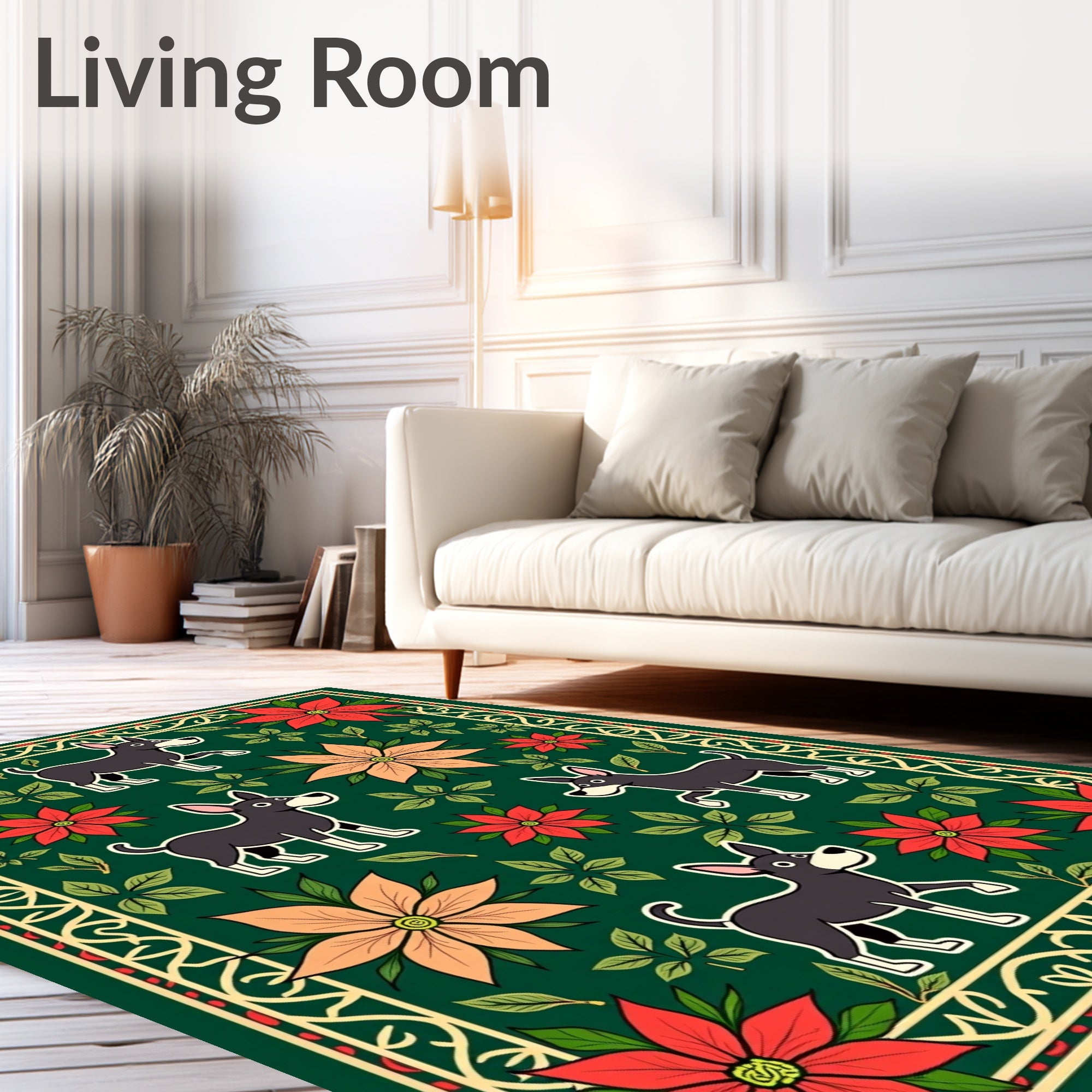 Whimsical Dark Dog Floral Garden Rug