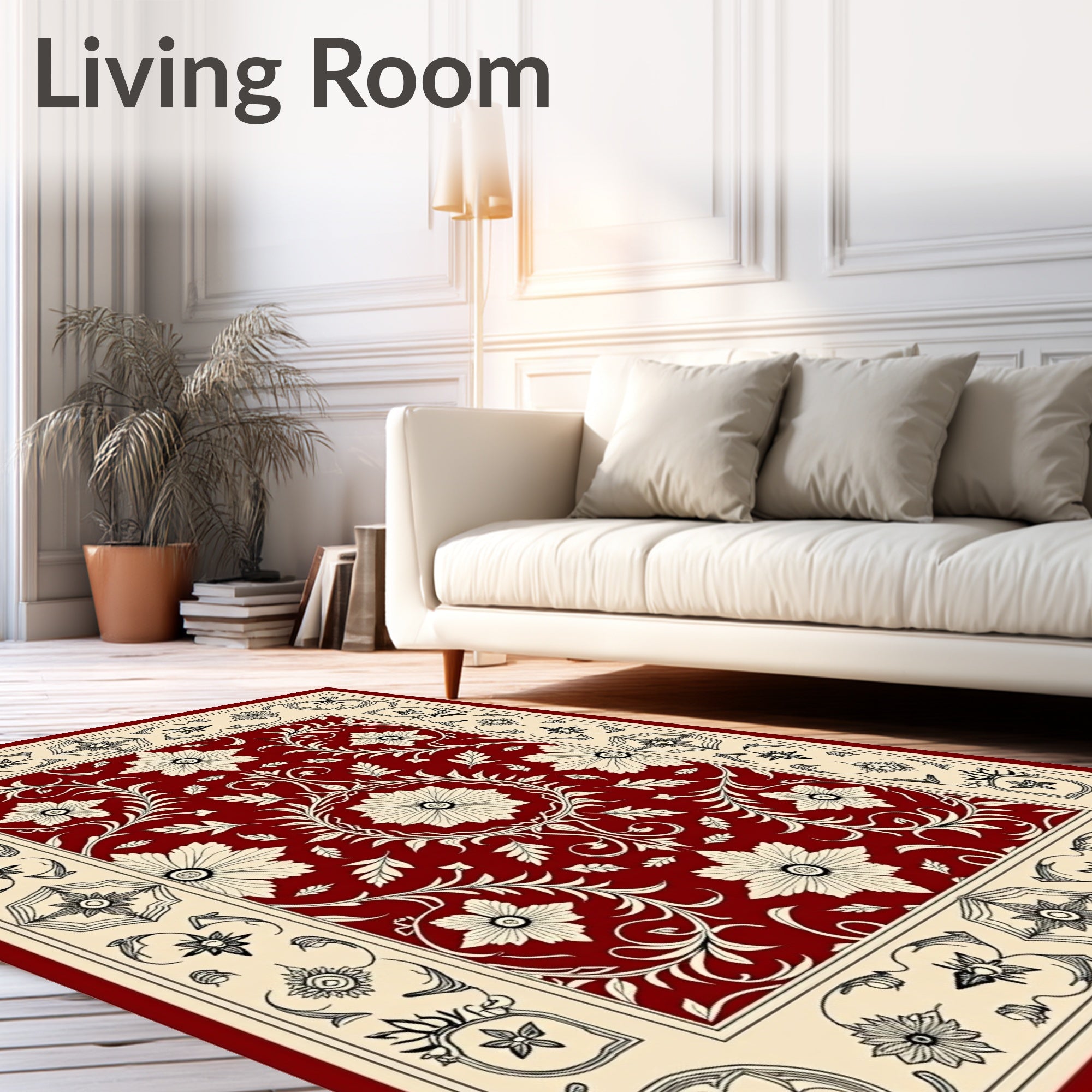 Crimson Blossom Scrollwork Border Rug