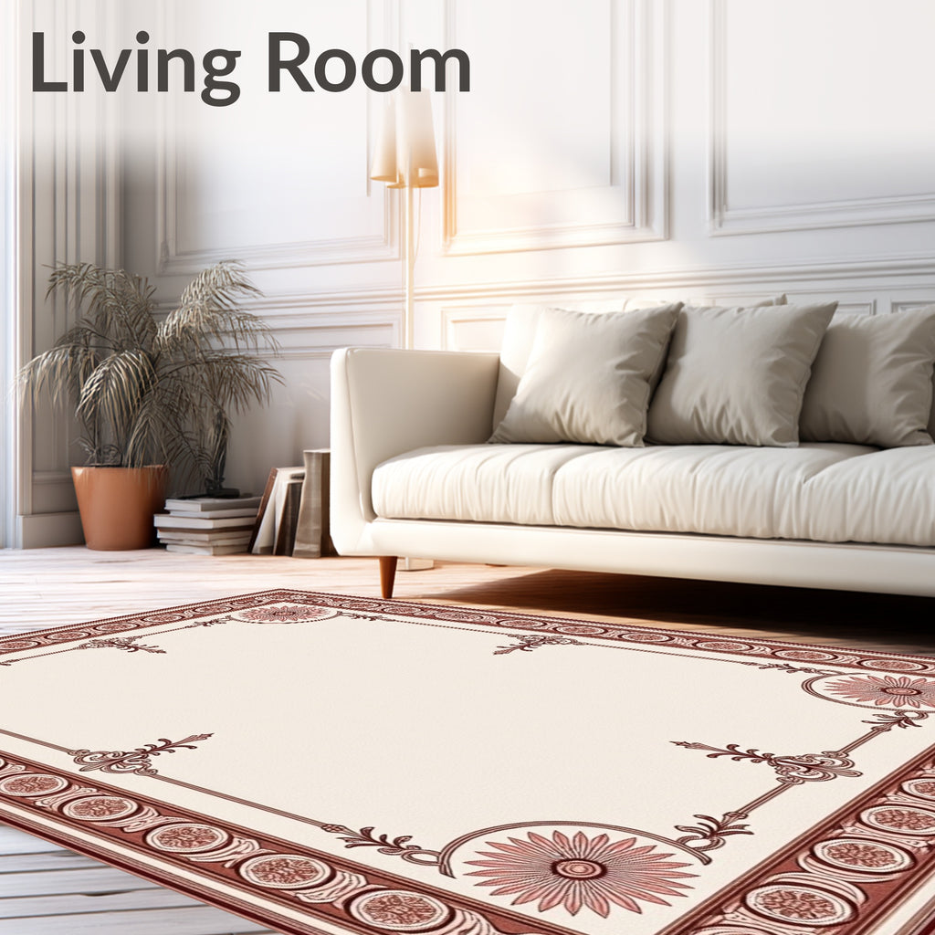 Crimson Floral Bordered Cream Rug