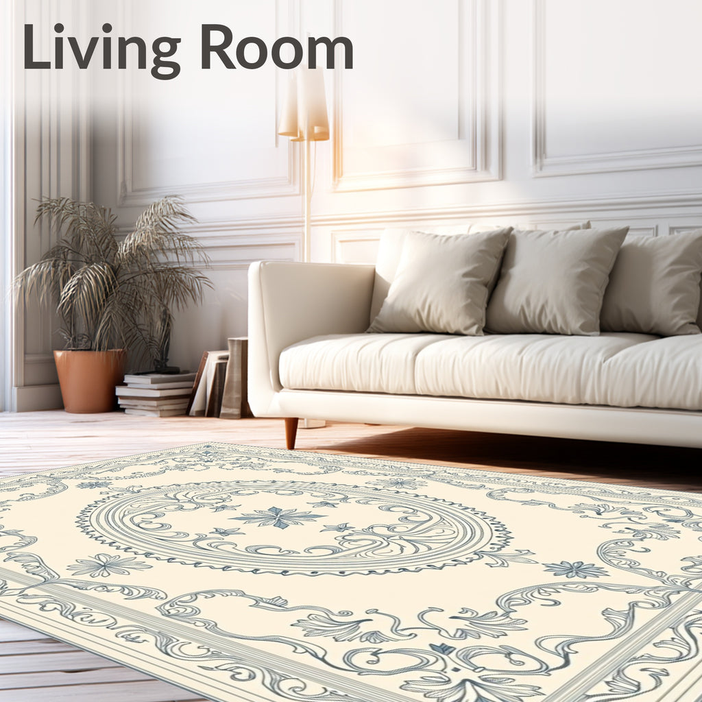 Ornate Blue Floral Scrollwork Medallion Rug