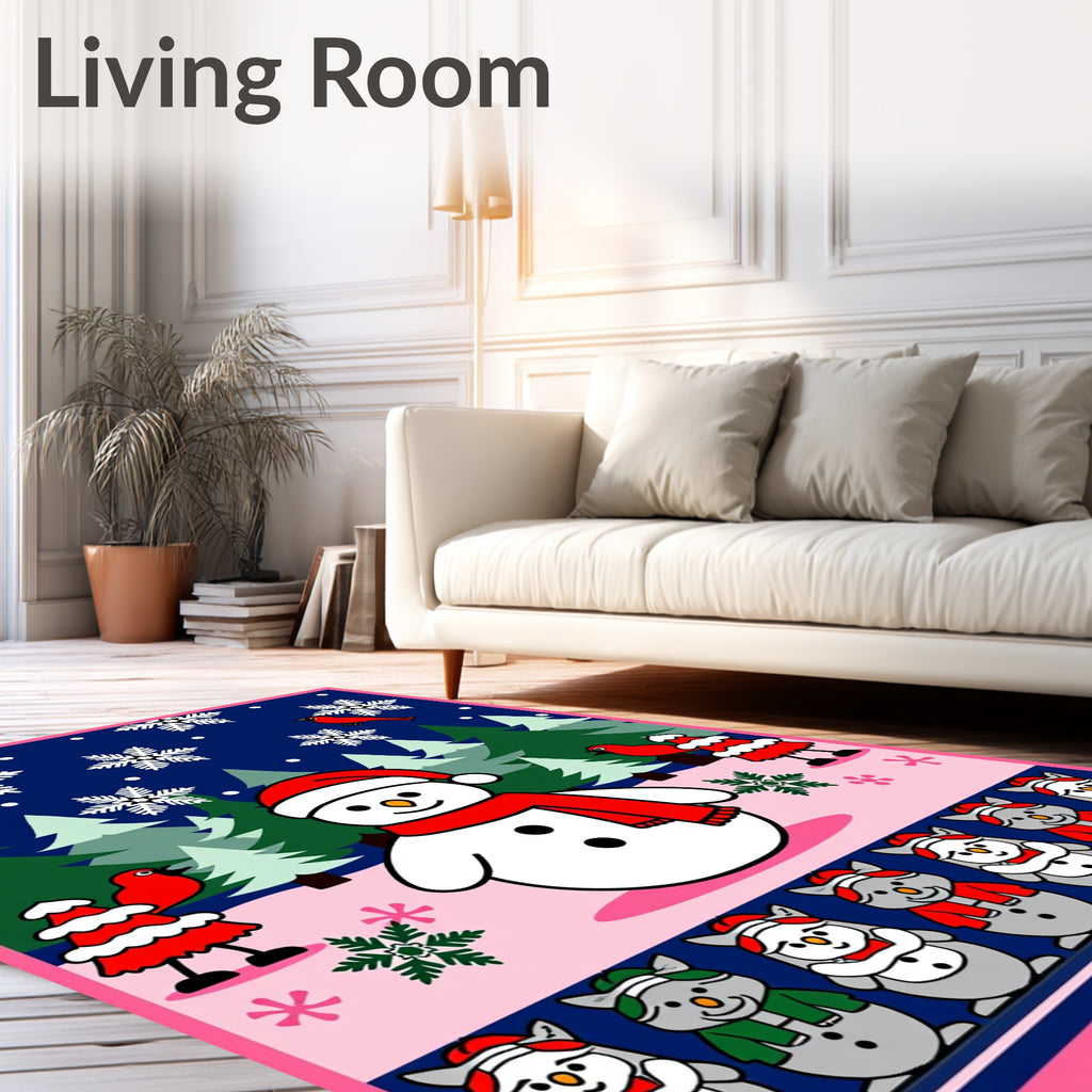 Cheerful Snowman with Red Birds and Snowflakes Rug