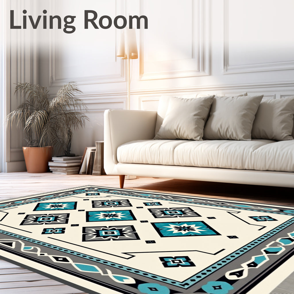Teal Black Gray Diamond Medallion Rug
