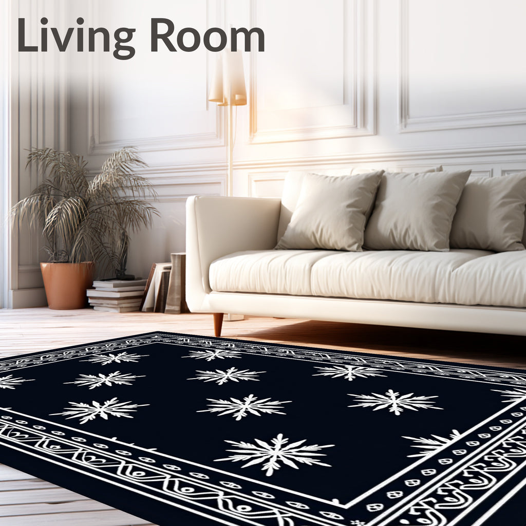 Dark Navy White Snowflake Scattered Border Rug