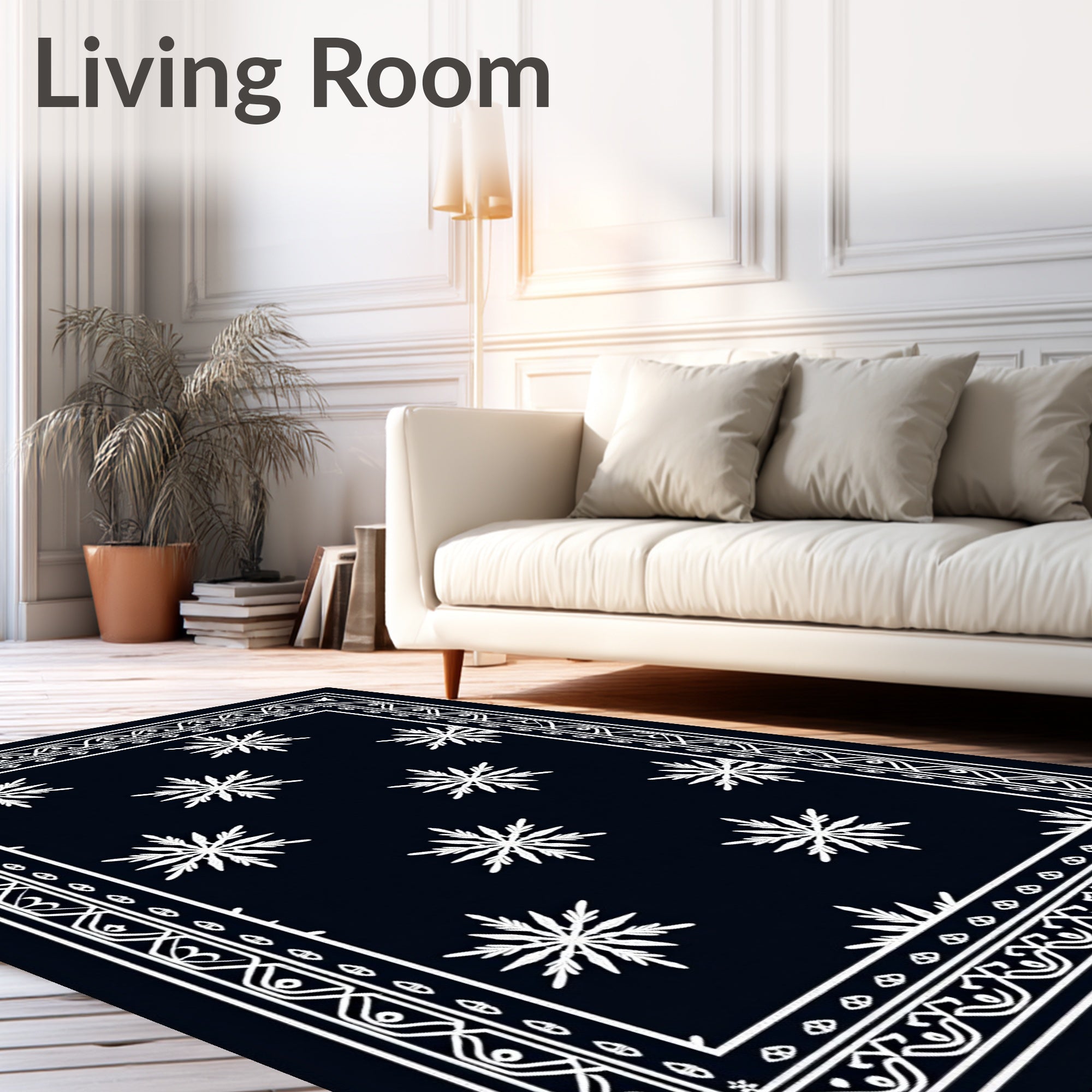 Dark Navy White Snowflake Scattered Border Rug