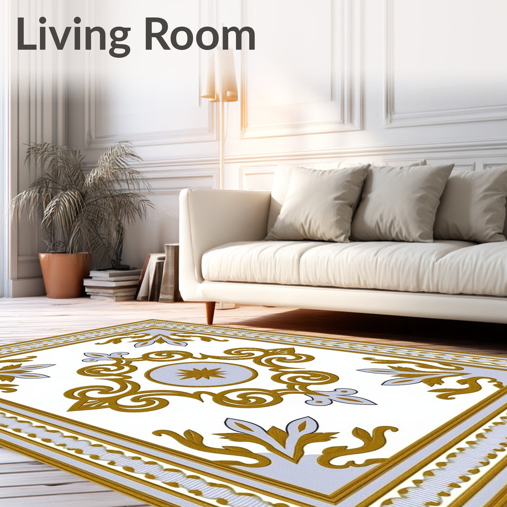 Golden White Scroll Medallion Border Rug