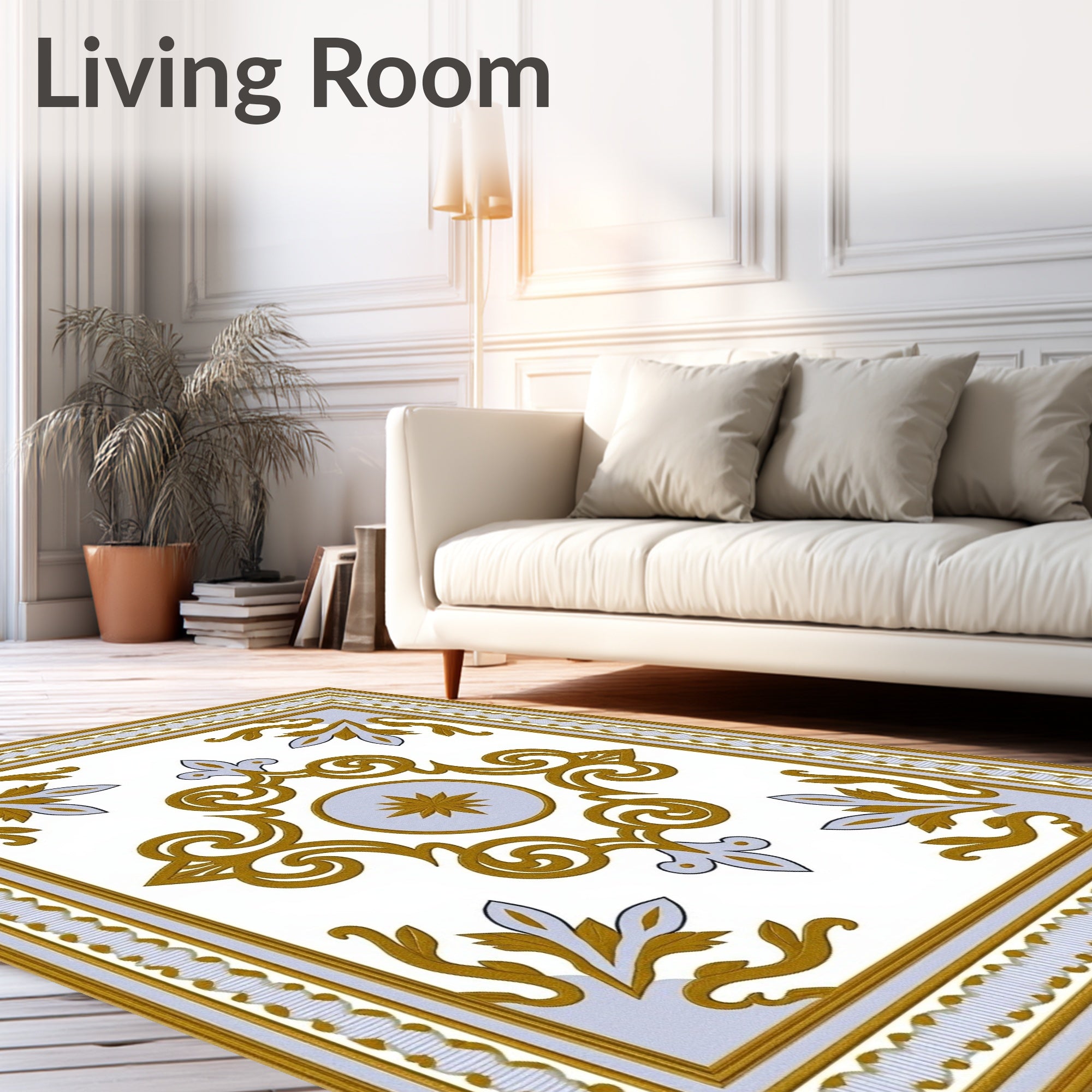 Golden White Scroll Medallion Border Rug