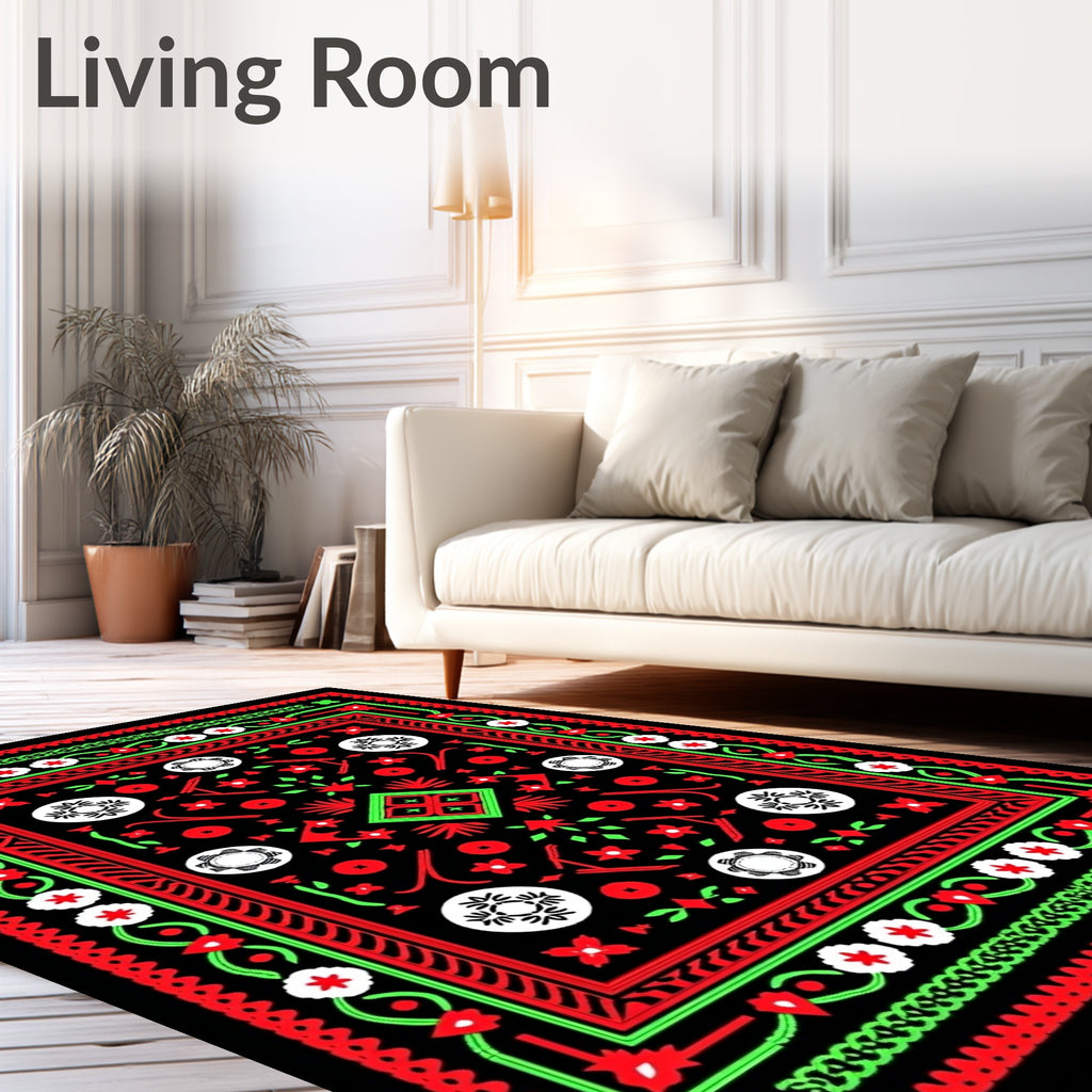 Bold Red Green Folk Mandala Rug