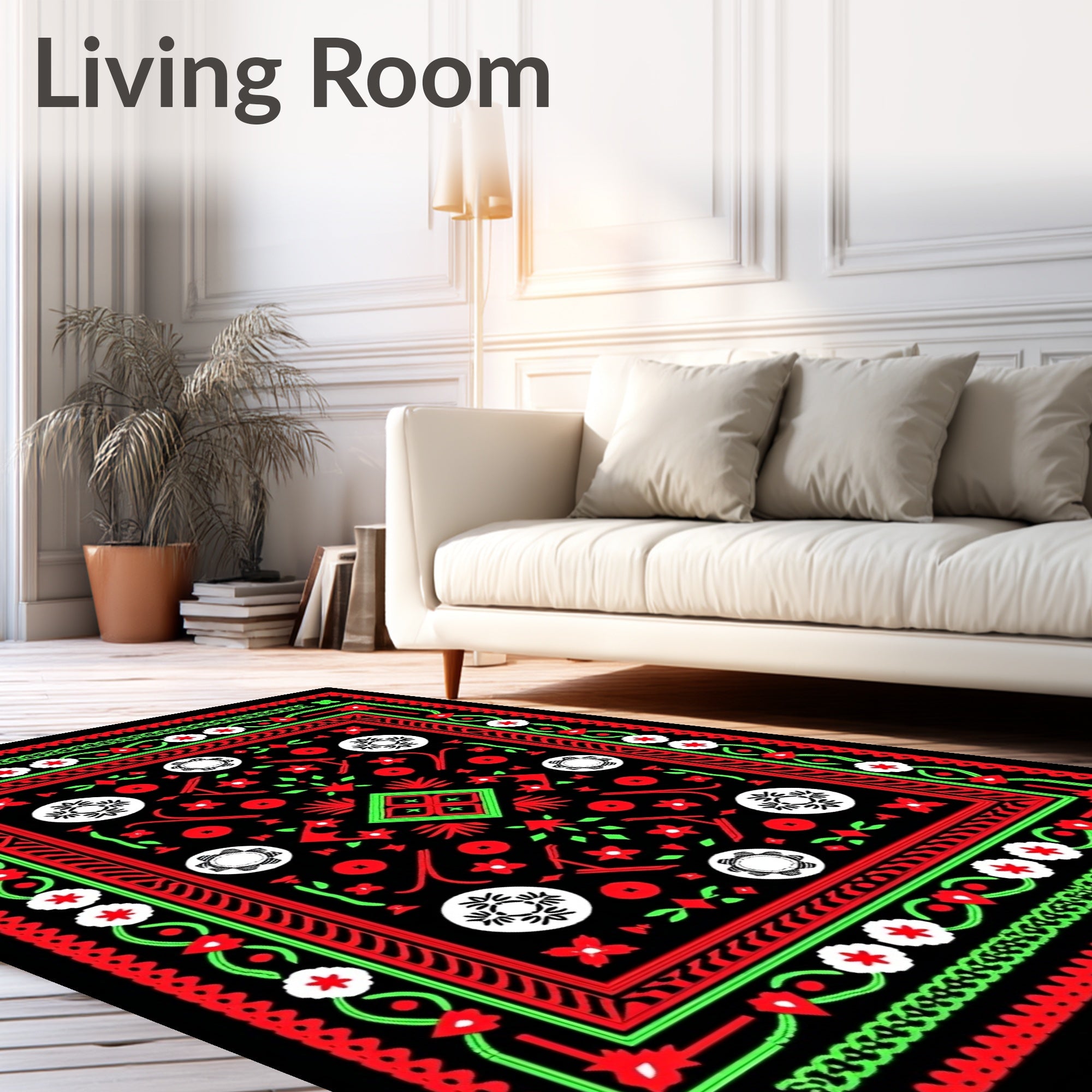 Bold Red Green Folk Mandala Rug