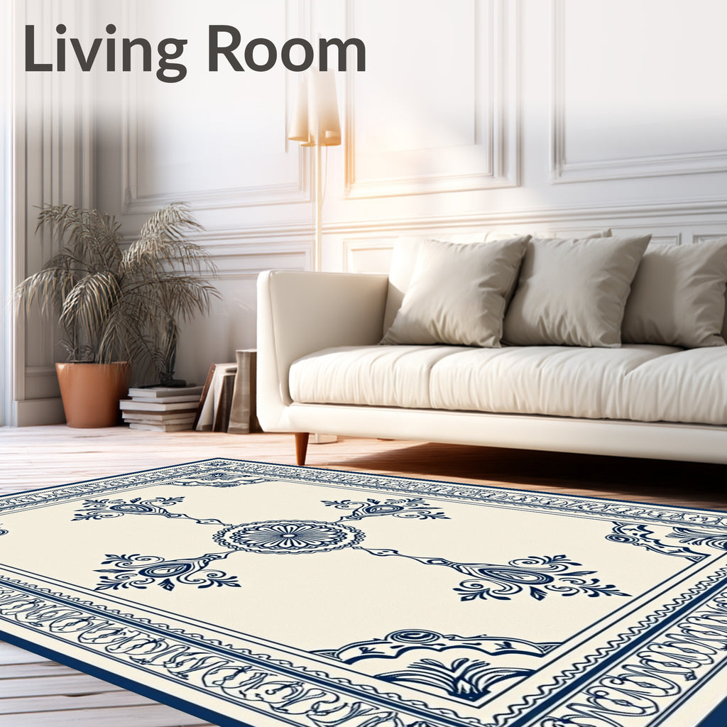 Ornate Blue Cream Classic Medallion Rug