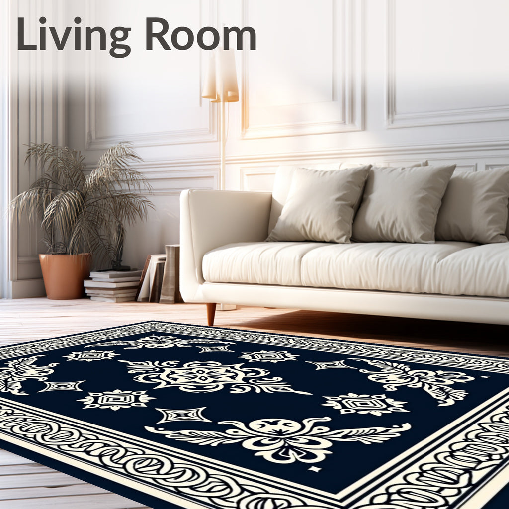 Midnight Navy Cream Floral Medallion Rug