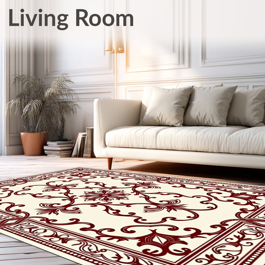 Deep Red Classical Scrollwork Inlay Rug