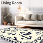 Navy Anchor Nautical Cream Border Rug