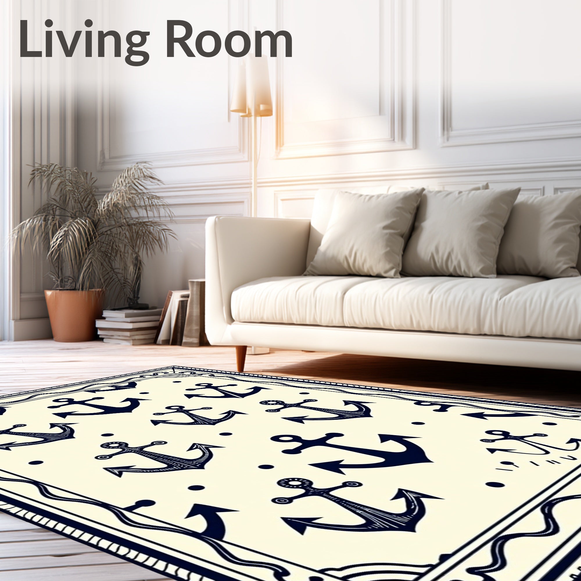 Navy Anchor Nautical Cream Border Rug