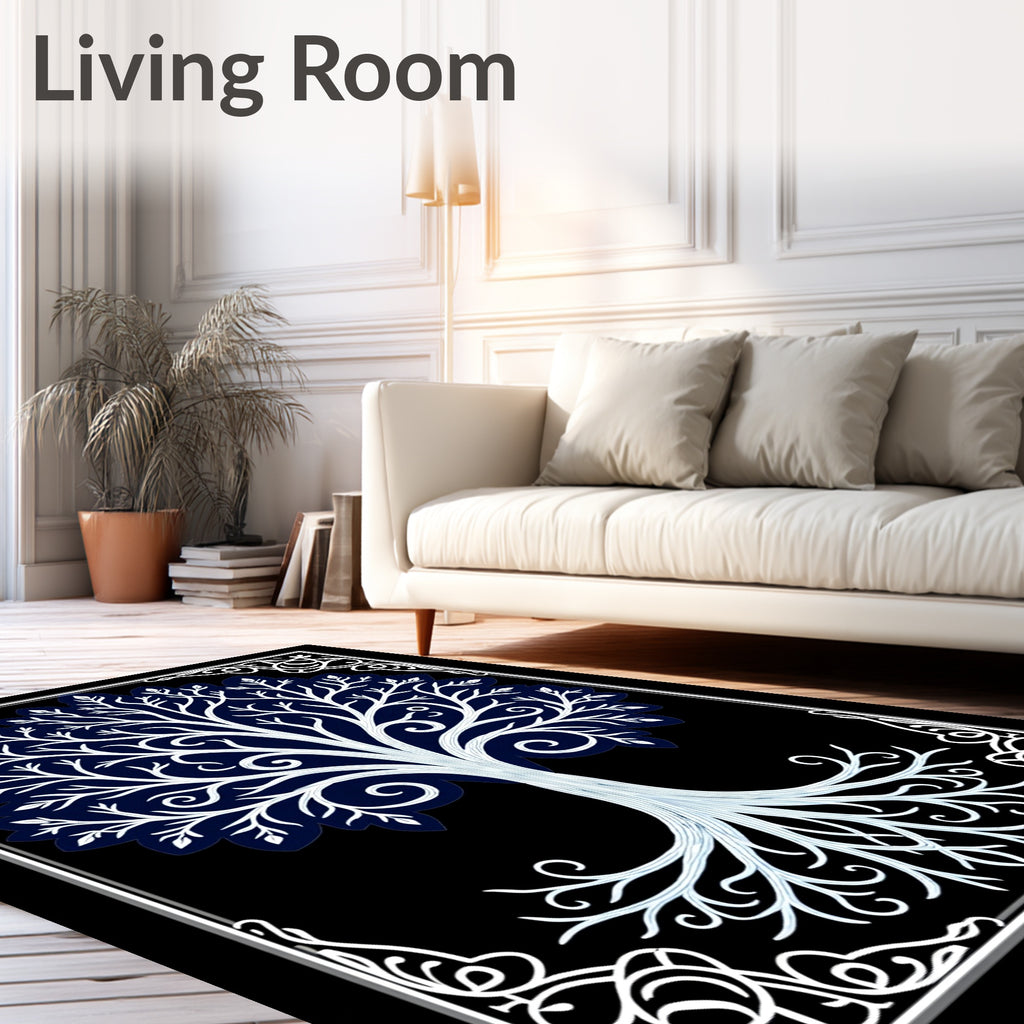 White Tree of Life Navy Border Rug