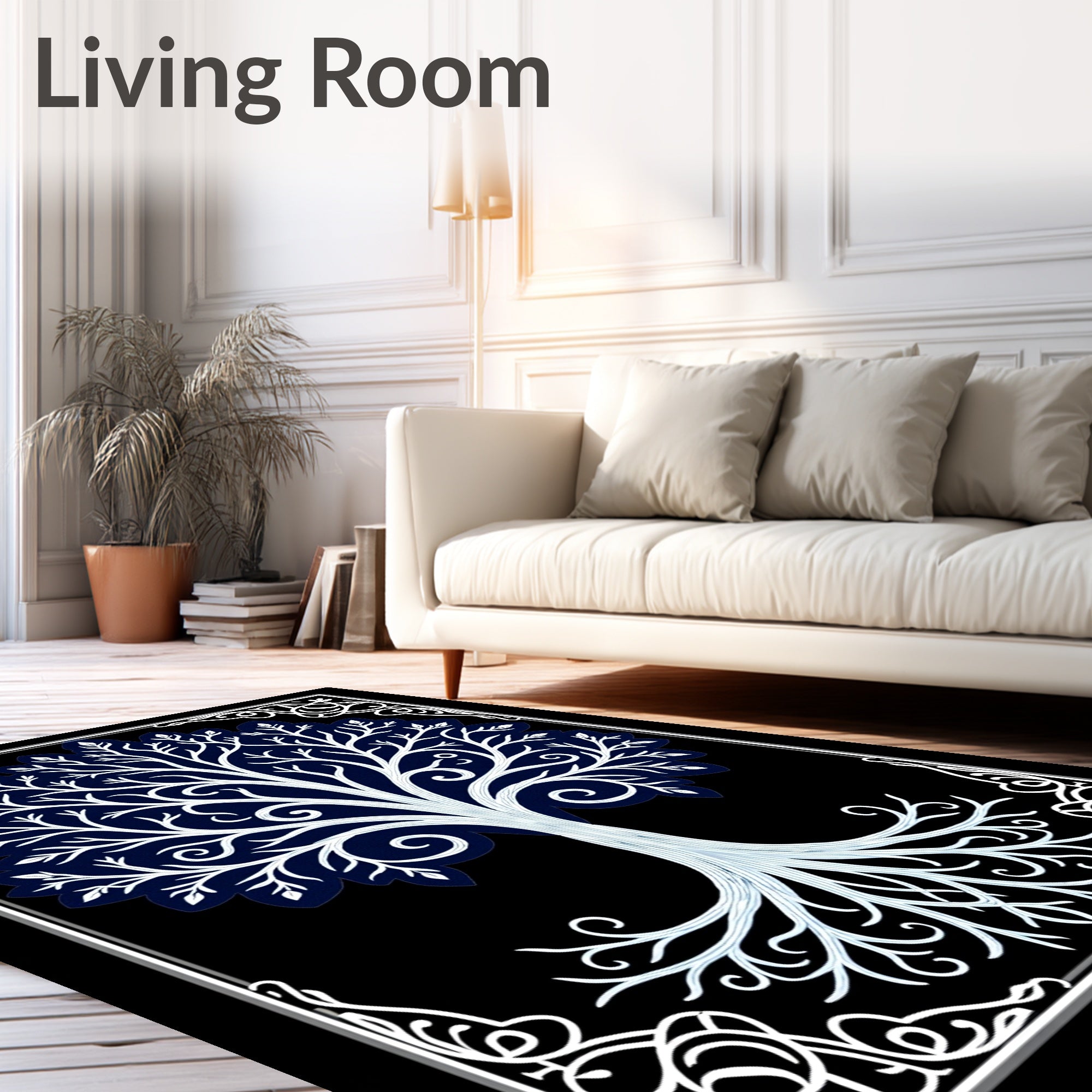 White Tree of Life Navy Border Rug