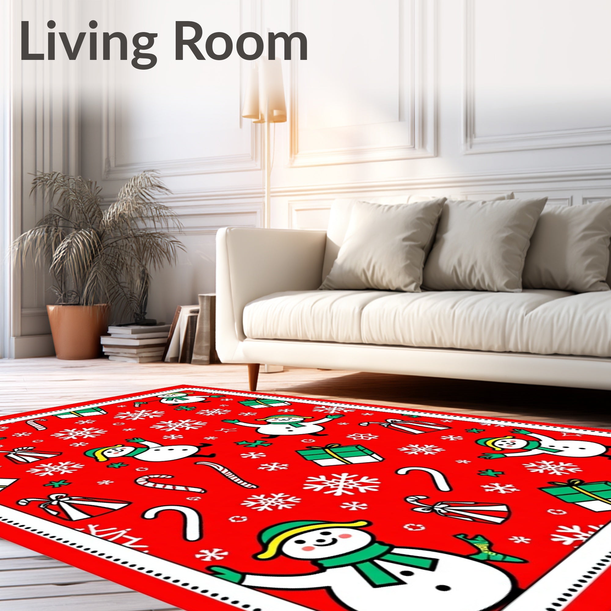 Joyful Red Snowman Candy Cane Present Rug