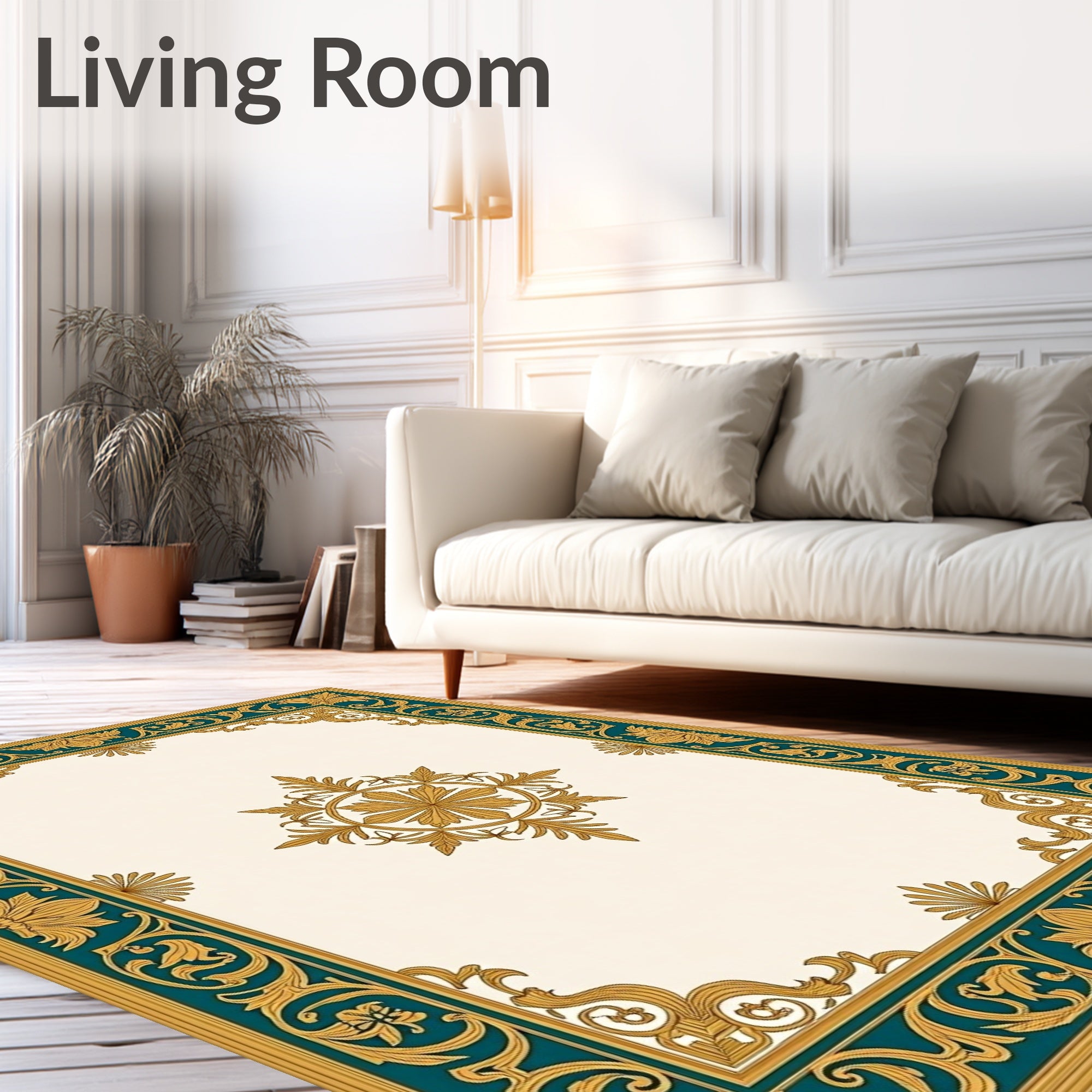 Ornate Teal Gold Damask Medallion Rug