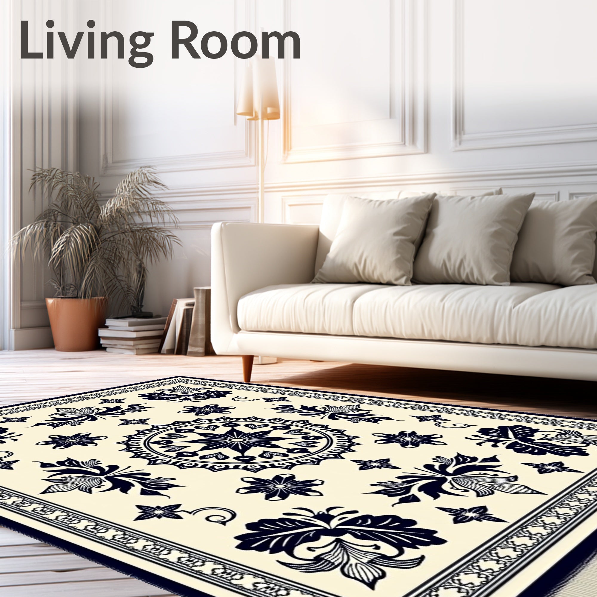 Cream Navy Ornate Bloom Mandala Rug