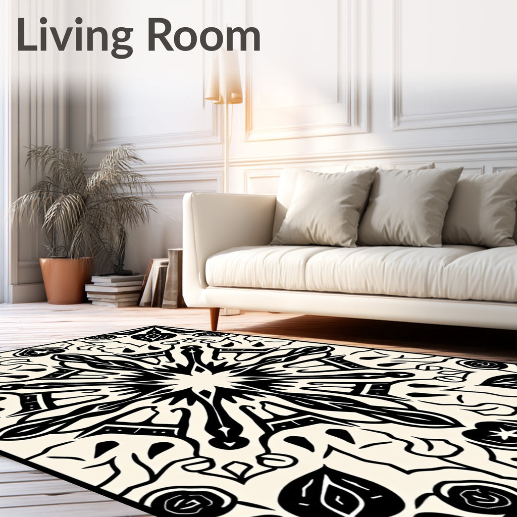 Black Cream Intricate Medallion Mandala Rug
