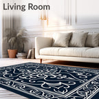 Elegant White Scrollwork Navy Medallion Rug