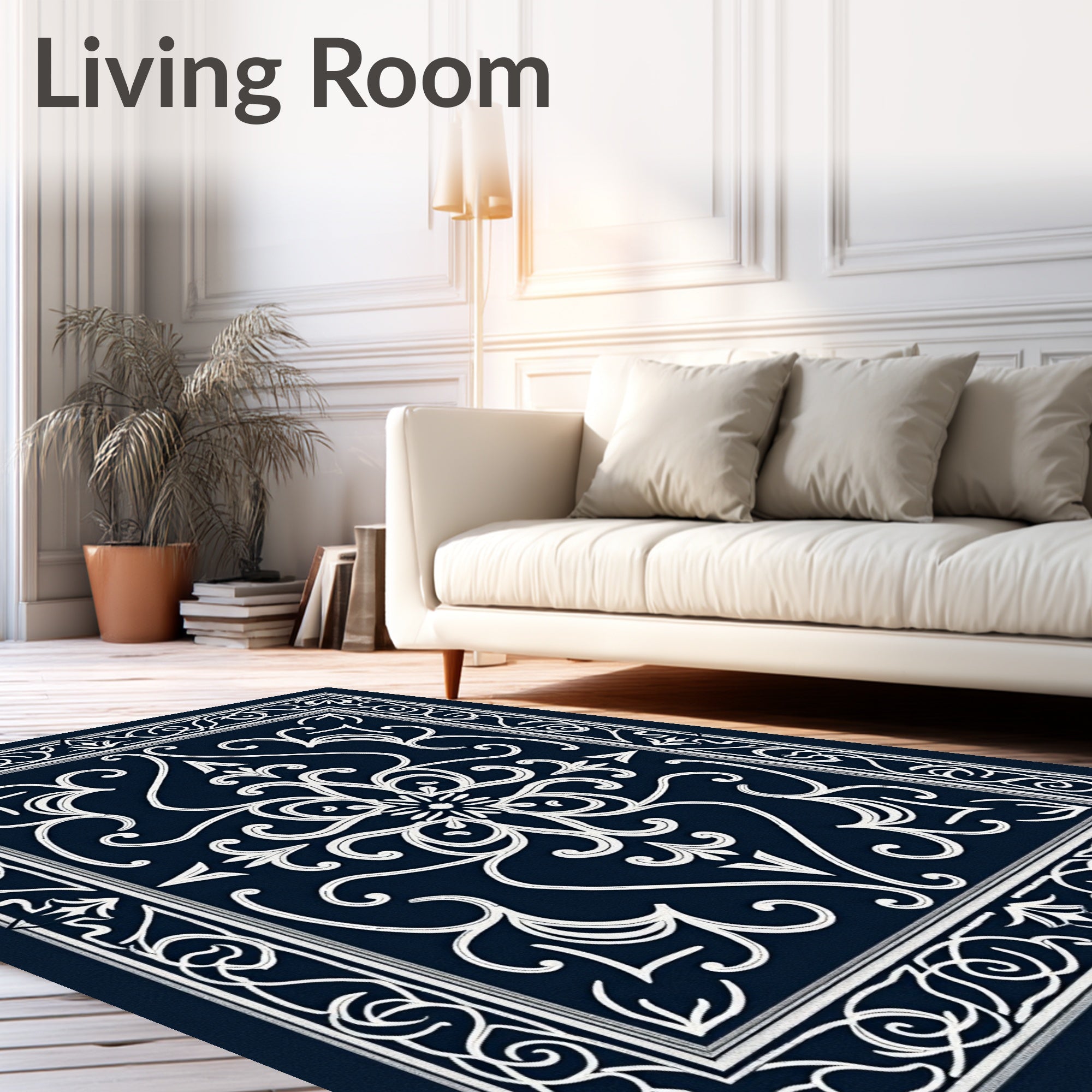 Elegant White Scrollwork Navy Medallion Rug