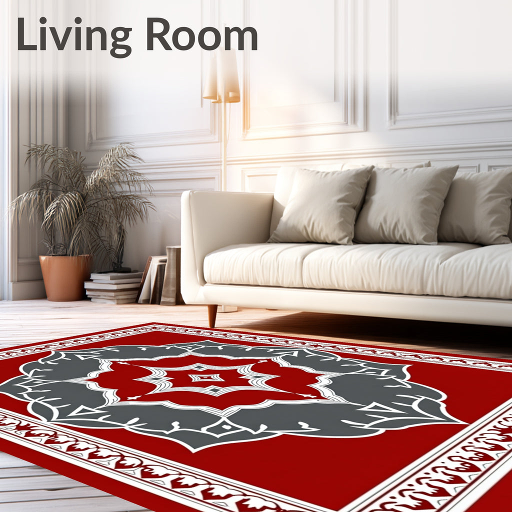 Crimson and Gray Floral Medallion Border Rug