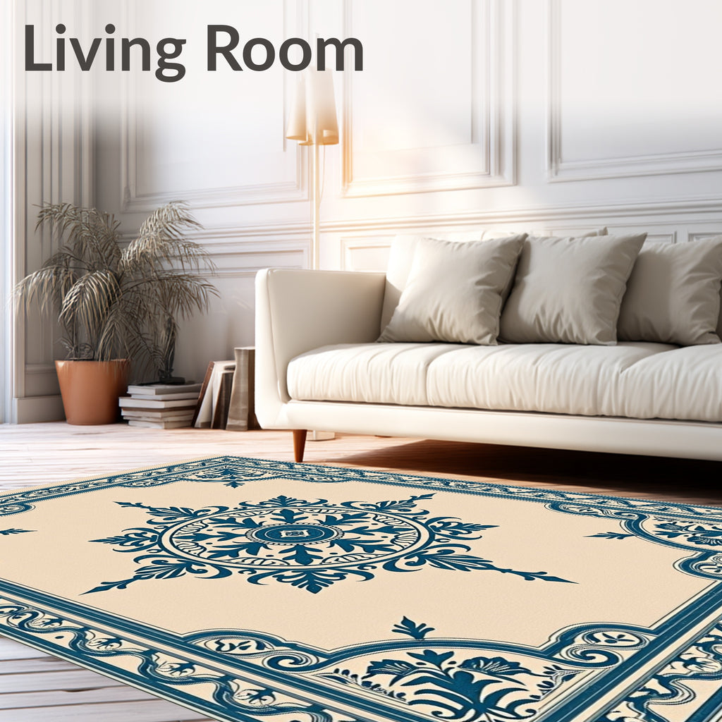 Ornate Navy Blue Floral Medallion Rug