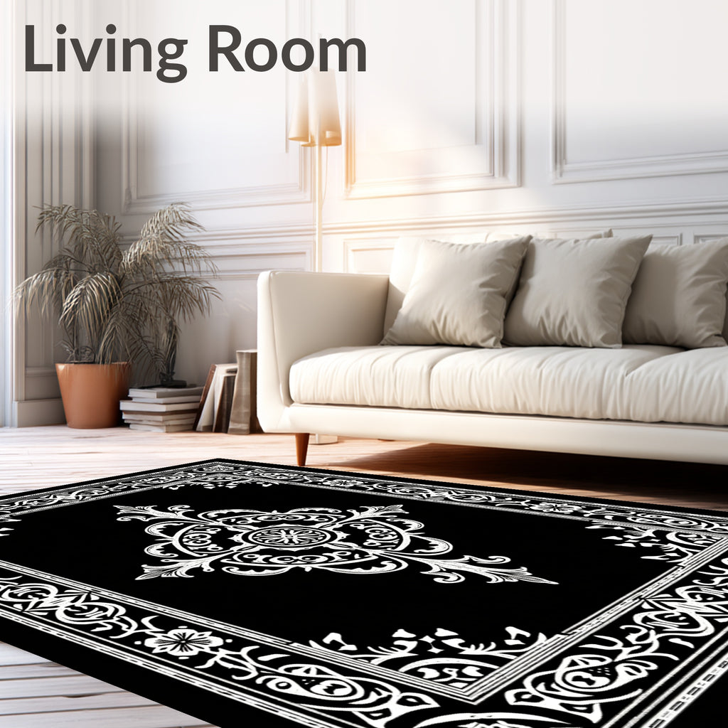 Ornate Black White Scrollwork Manor Rug