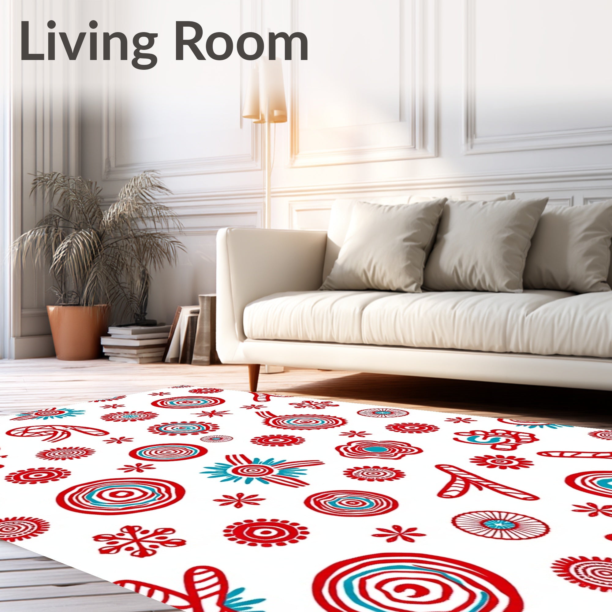 Red Teal Round Floral Whimsical Rug